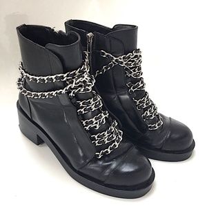 Zara Black Leather With Chains Lace-Up Ankle Boots